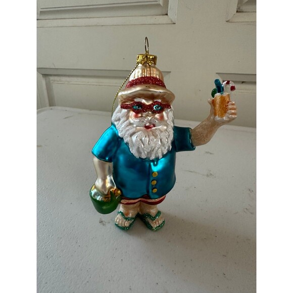 NWT Macy's Holiday Lane Glass Blown Hawaiian Vacation Santa Christmas Ornament - Picture 2 of 4